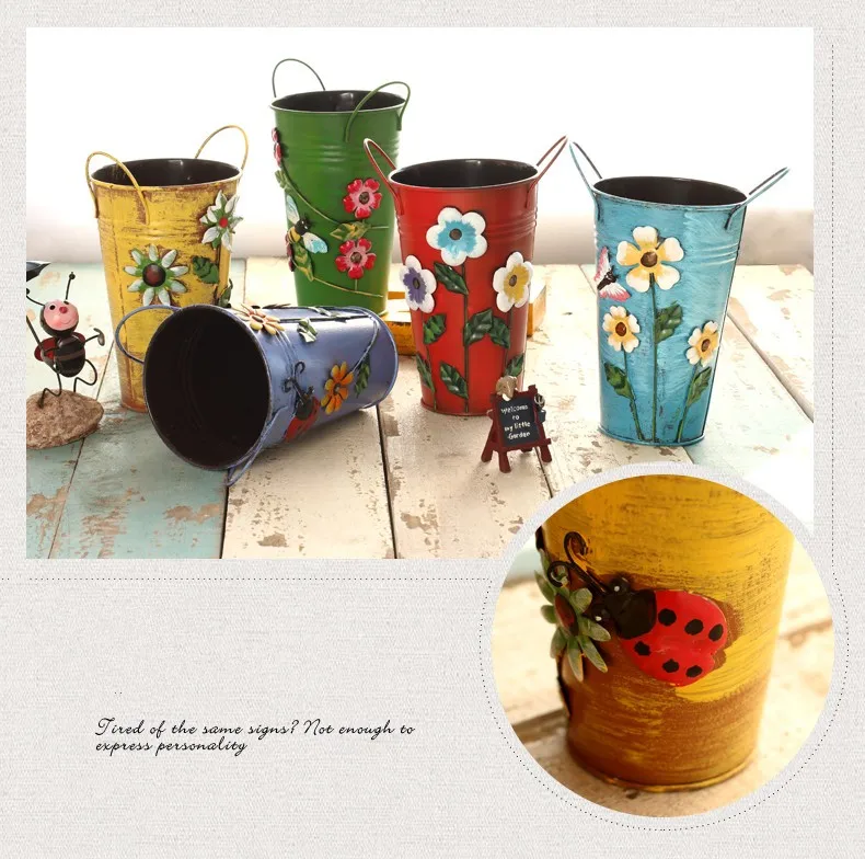home decoration vase Three-dimensional applique metal vase bucket rustic flower barrels for decoration flower modern classic (15)