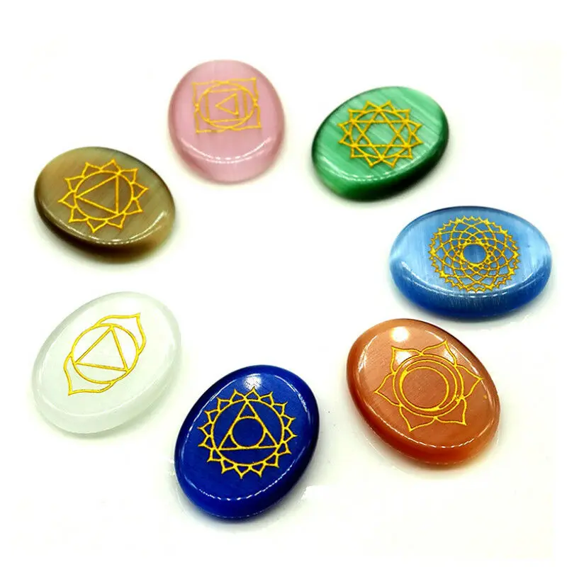 

7Pcs/Set Engraved Stones Chakra Pendants Spiritual Healing Meditation Palm Stones Reiki Chakra Crystal Pendant Necklace