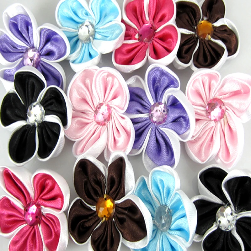 

40Pcs Satin Ribbon Rhinestone Appliques Flowers For Craft wedding sewing Headband decoration 4.5cm
