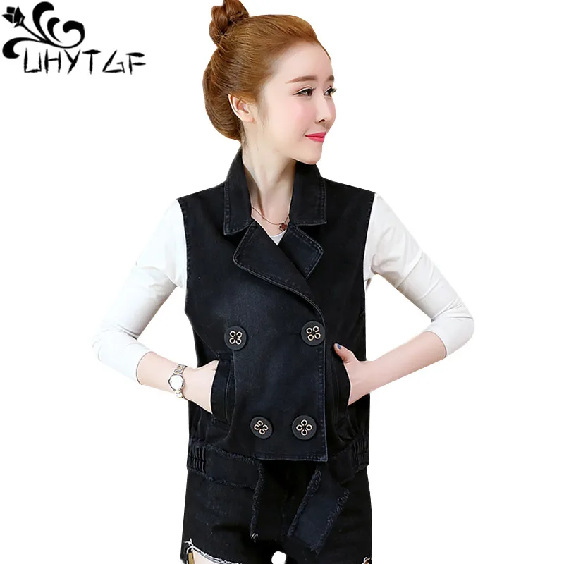 

UHYTGF M-5XL Oversized Spring autumn waistcoat vest Short Jacket Fashion Double Breasted black Slim Denim vests coats Female 230