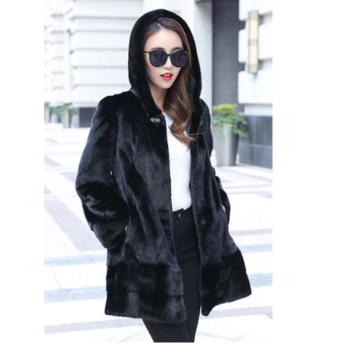 Роскошное пальто из натурального меха норки Зимняя женская одежда из натуральной кожи Толстая длинная теплая шуба натуральная норка меховая куртка - Цвет: black