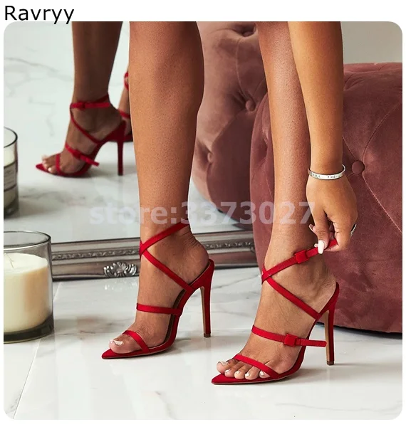 

Hot Red Woman sandals ankle buckle high heels narrow band summer sexy pump stiletto thin heel open toe female party single shoe