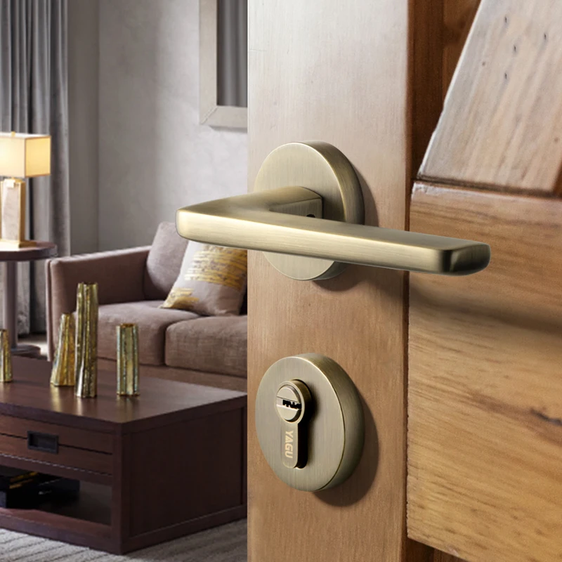  1 Set /Door Lock Modern Style Retro Bedroom Yellow bronze Door Handle Lock Interior Anti-theft Room - 33022476148