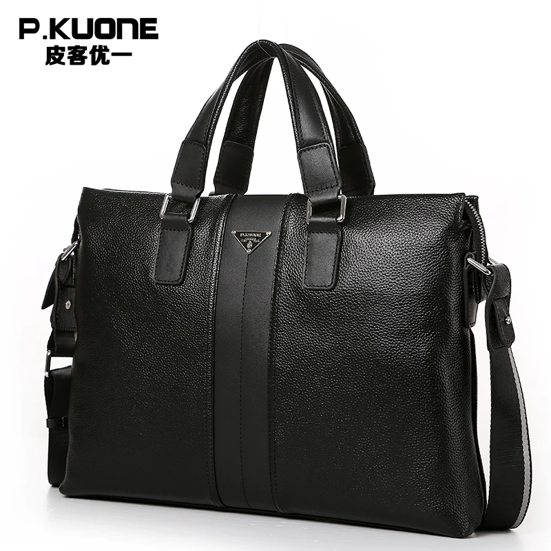 P.Kuone designer brand 100% cowhide men genuine leather handbags man leather business briefcase  laptop bag men messenger bags
