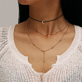 

WWLB 3 Layers Chain Necklace Set Crescent Moon Necklace For Women Long Pendant Necklace Beach Boho Jewelry Multi Layer Collier