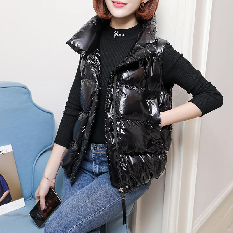 

Female 2018 new vest jacket autumn and winter Glossy luster waist solid thicken silm short parkas vest