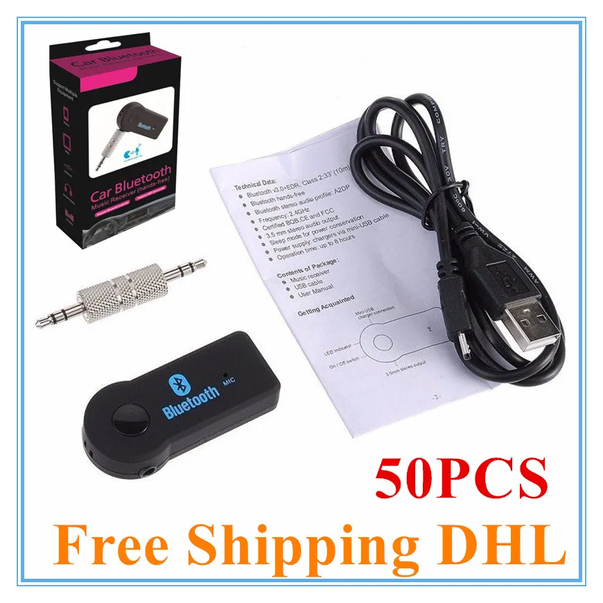 50pcs Bluetooth Receiver / Car Kit Portable Wireless Audio Adapter 3.5 mm Stereo Output