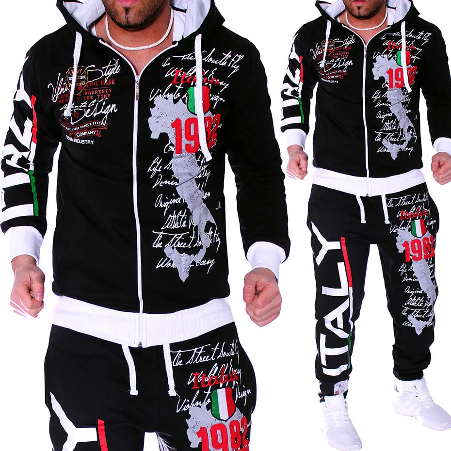 

2019 New Men Sport Suit Mens Track Suit Casual 2 Piece Set Fashion Color Block Hooded Sportswear Sweatsuit For Male Survetement