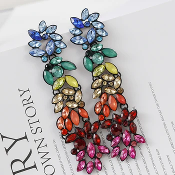 

AENSOA Handmade Colorful Crystal Flowers Big Long Statement Earrings Women Gems Drop Earrings Wedding Bridal Party Jewelry Gift