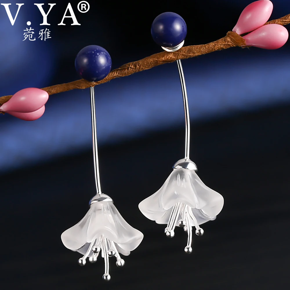 

V.YA 925 Sterling Silver Morning Glory Flower Dangle Earrings Vintage Elegant Lovely Long earrings For Women Floral Stud Earring