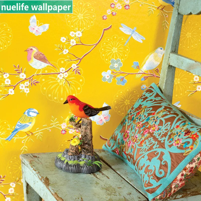 

Idyllic flowers and birds yellow floral pattern wallpaper bedroom living room wedding room TV background decoration wallpaper