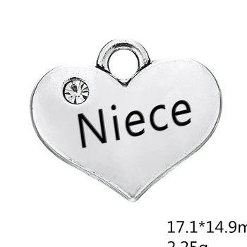 

50PCS Silver Rhinestone Niece Heart Family Charms Pendant Necklace Jewelry DIY Accessories Handmade Keychains Bracelets Making