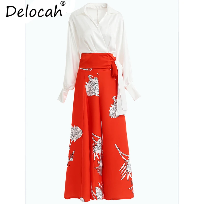

Delocah Women Summer Casual Suits Runway Fashion Long Sleeve V-Neck Loose Tops Shirt + Print Wide Leg Long Pants 2 Pieces Set