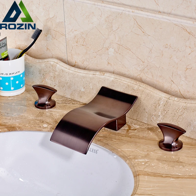 

Contemporary Bathroom Waterfall Basin Sink Faucet Widespread Dual Handle Wave Shape Spout Mixer Taps Deck Mounted