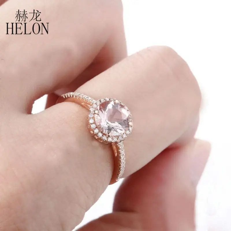 HELON Твердые 10 к розовое золото Сертифицированный круглый 1.37ct натуральный морганит и бриллианты Halo обручальное кольцо для женщин драгоценный камень ювелирные изделия кольцо