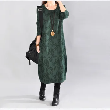 

Spring New Women Dress Korean Large Loose Printing Cotton Mid-calf Casual O-neck Linen Women Long Dress
