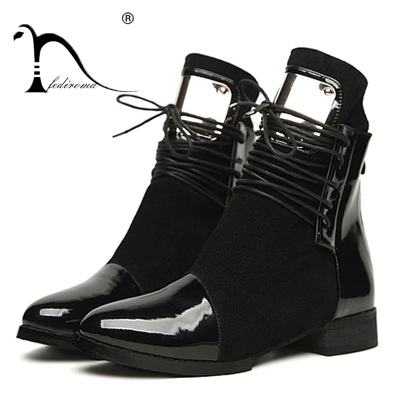 

35-43 Women Boots Genuine Leather Flat Martin Ankle Boots Womens Motorcycle Boots Autumn Shoes Women Winter Patent leather Botas