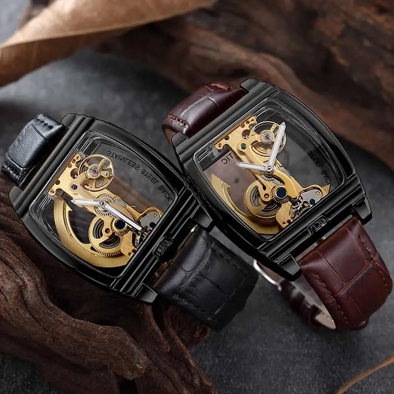 بالكامل شفافة الهيكل العظمي التلقائية الميكانيكية ووتش الرجال Steampunk من تصميم الذاتي لف جلد رجل ساعة الساعات Montre أوم