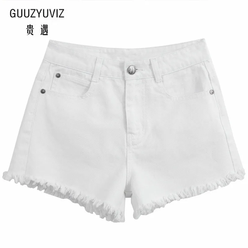 GUUZYUVIZ Fashion 2018 Spring Summer Frayed White High Waist Denim