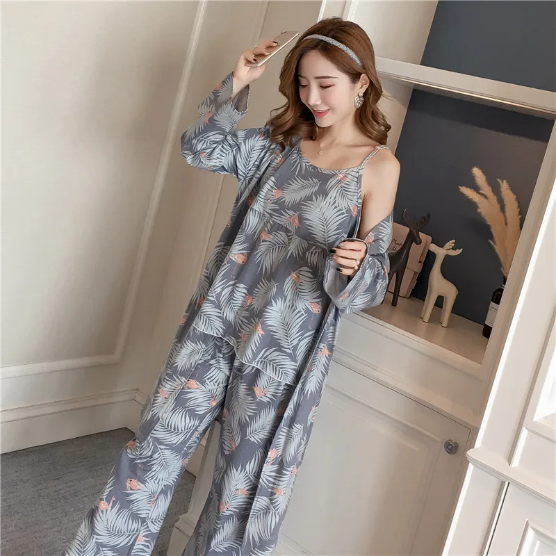Acheter Coton Robes ensembles pour femmes 2018 nouveau automne hiver mode à manches longues pyjama Femme fleur imprimer peignoir Homewear maison vêtements