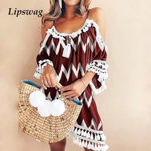 Lipswag Сексуальное женское платье с открытыми плечами и кисточками с геометрическим принтом летние женские платья с коротким рукавом Повседневные платья размера плюс