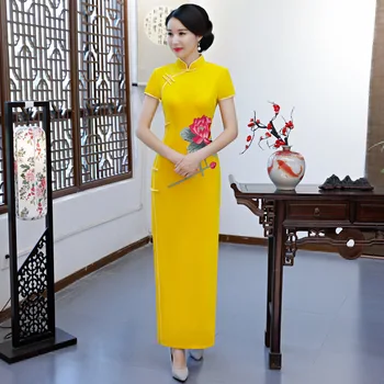 

Elegant Yellow Velvet Long Qipao Female Sexy High Split Cheongsam Classic Print Floral Dresses Evening Party Vestidos