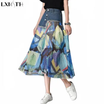 

LXMSTH M-7XL Plus Size Skirts For Women Summer New Arrival Printed Chiffon Patchwork Denim Skirt High Waist Skirt Long Casual