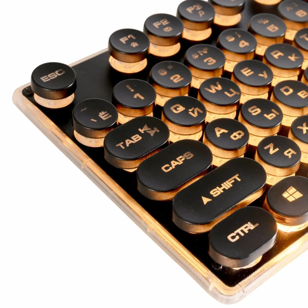 Beste Steampunk Retro Gaming Toetsenbord Russisch Engels Layout Ronde Keycap Backlit USB Bedrade Gloeiende Metalen Paneel Crystal Border