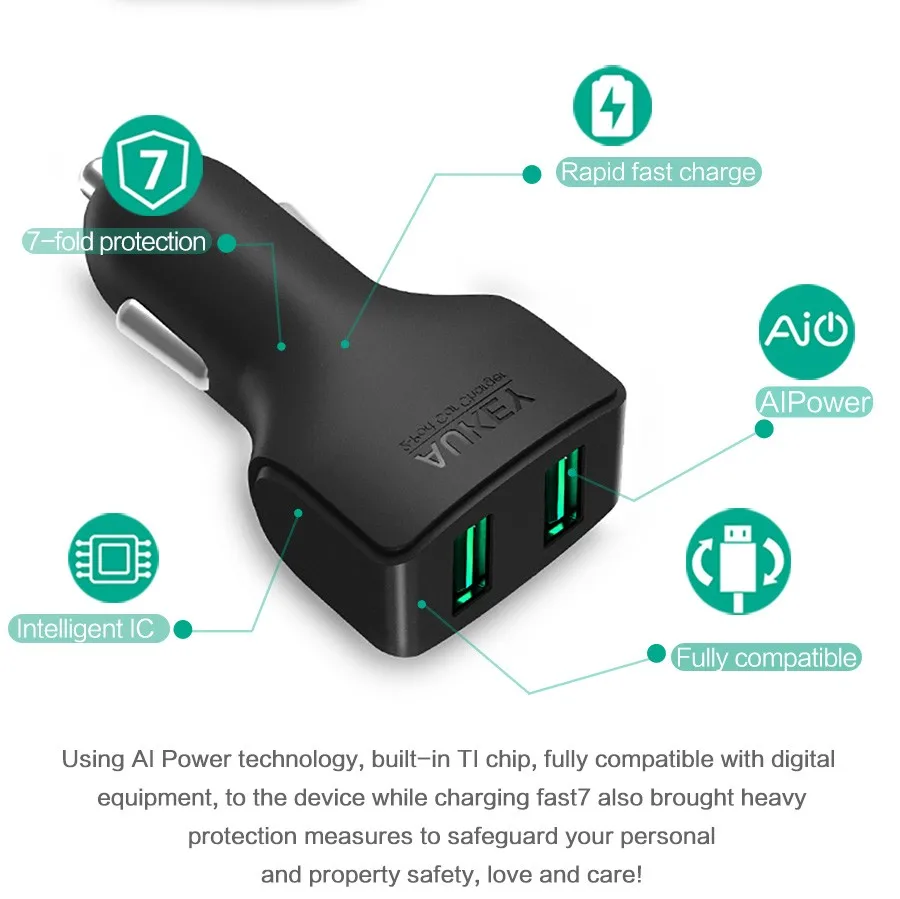 AUKEY شاحن سيارة 4.8A 2 منافذ مايكرو السيارات البسيطة المزدوجة Usb سيارة شاحن آيفون باد Xiaomi الخ الهاتف سريع محول للشحن في سيارة