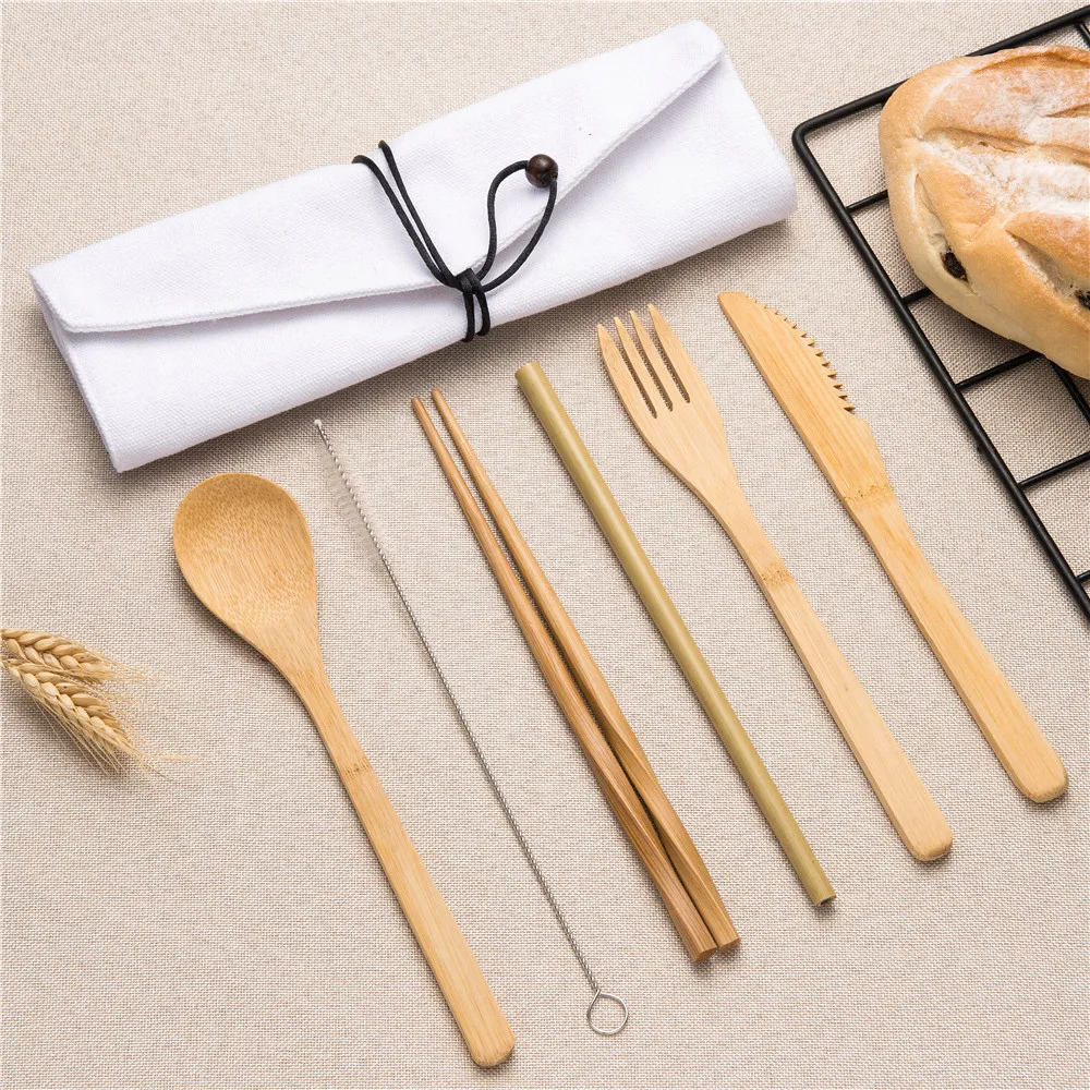 

Korean Wooden Tableware Set Wooden Cutlery Chopsticks Fork Knife Spoon Straws Set with Brush Cloth Bag for Travel Tablewares Set