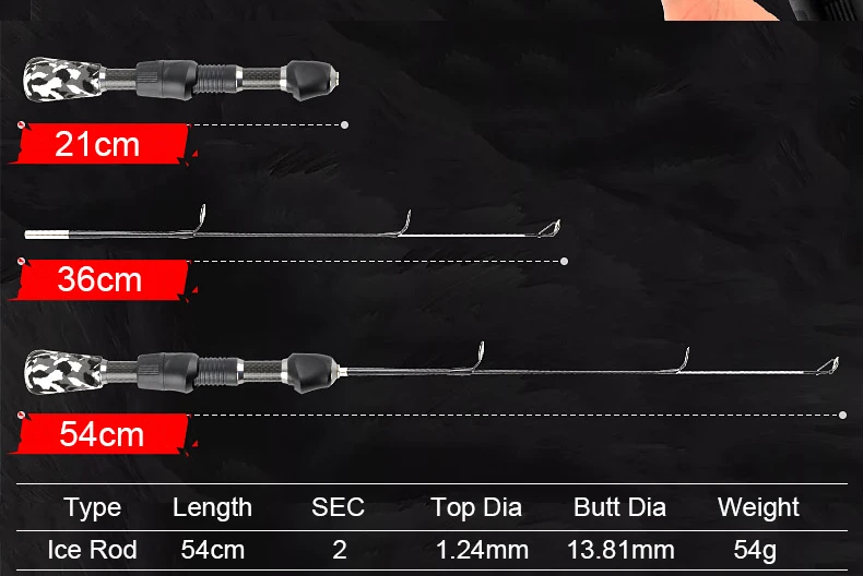 Розовое дерево 54 см мини прямая Удочка льда супер мощность мягкий наконечник снасти для подледной рыбалки, черный камуфляж, 2 секции