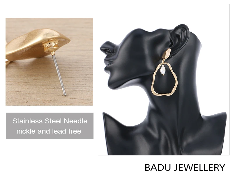 Женские серьги Badu из матового золота, винтажная мода, белый пресноводный жемчуг, подвеска, Висячие металлические серьги, опт