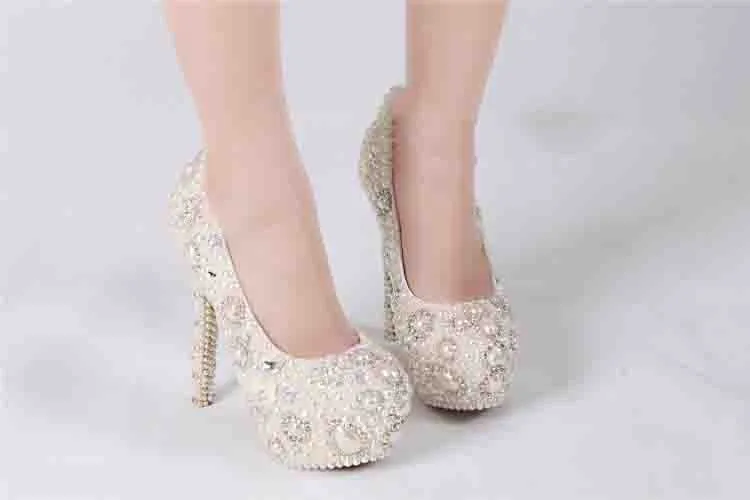 Элегантные белые свадебные модельные туфли ручной работы с имитацией жемчуга модельные туфли на очень высоком каблуке 14 см роскошные свадебные туфли