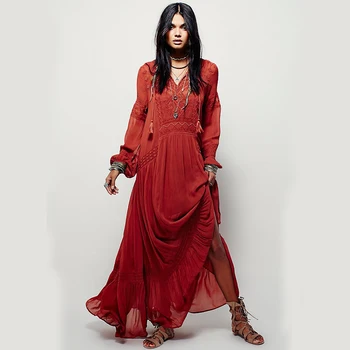 

2017 Spring European and American Style Casual Loose V-neck Maxi Long Embroidery Chiffon Dress