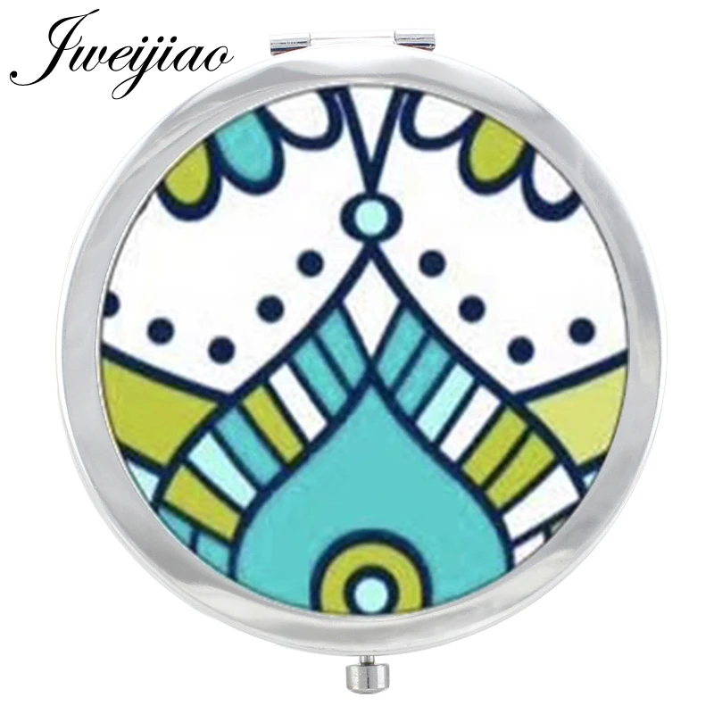 

JWEIJIAO Henna Zen Chakra Geometry flower Pattern Makeup Mirror Floding Round Glass Cabochon pocket vanity mirror espejo