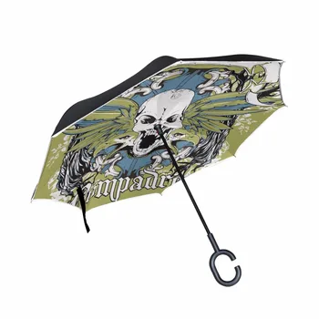 

Cool Upside Down Skull Umbrellas Modern Reverse Umbrella C-Handle Double Layer Windproof Inverted Umbrella for Car