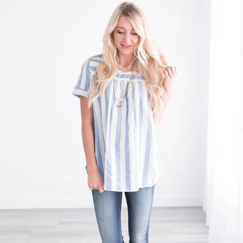 

Fashion Women's Ladies Summer Short Sleeve Loose Striped Casual Blouse