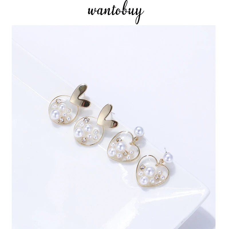 

Wantobuy Trendy Korean Simple Imitation Pearls Round Heart Geometric Stud Earrings Copper Gold Silver Jewelry for Women Girls