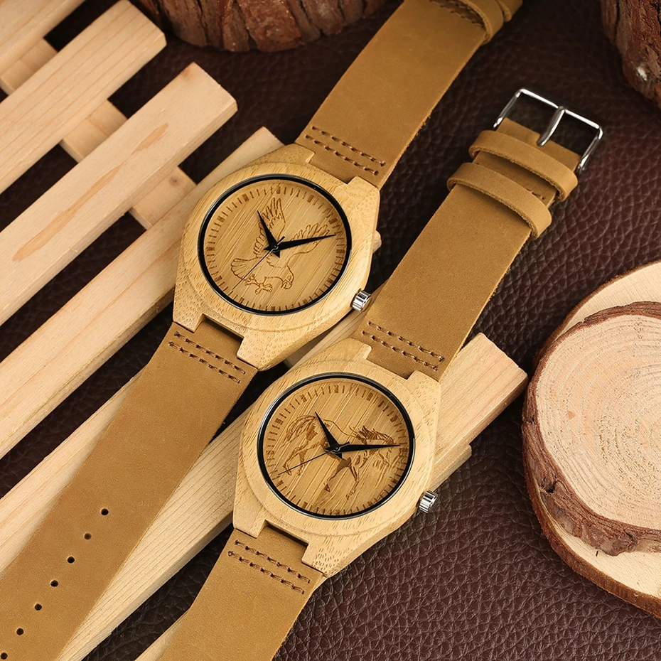 Top Gifts Hand Engraving Eagle Horse Wood Watch Trendy Bamboo Soft Genuine Leather Wooden Quartz Clock Men's Wrist Watch Ulzzang 2018 (24)
