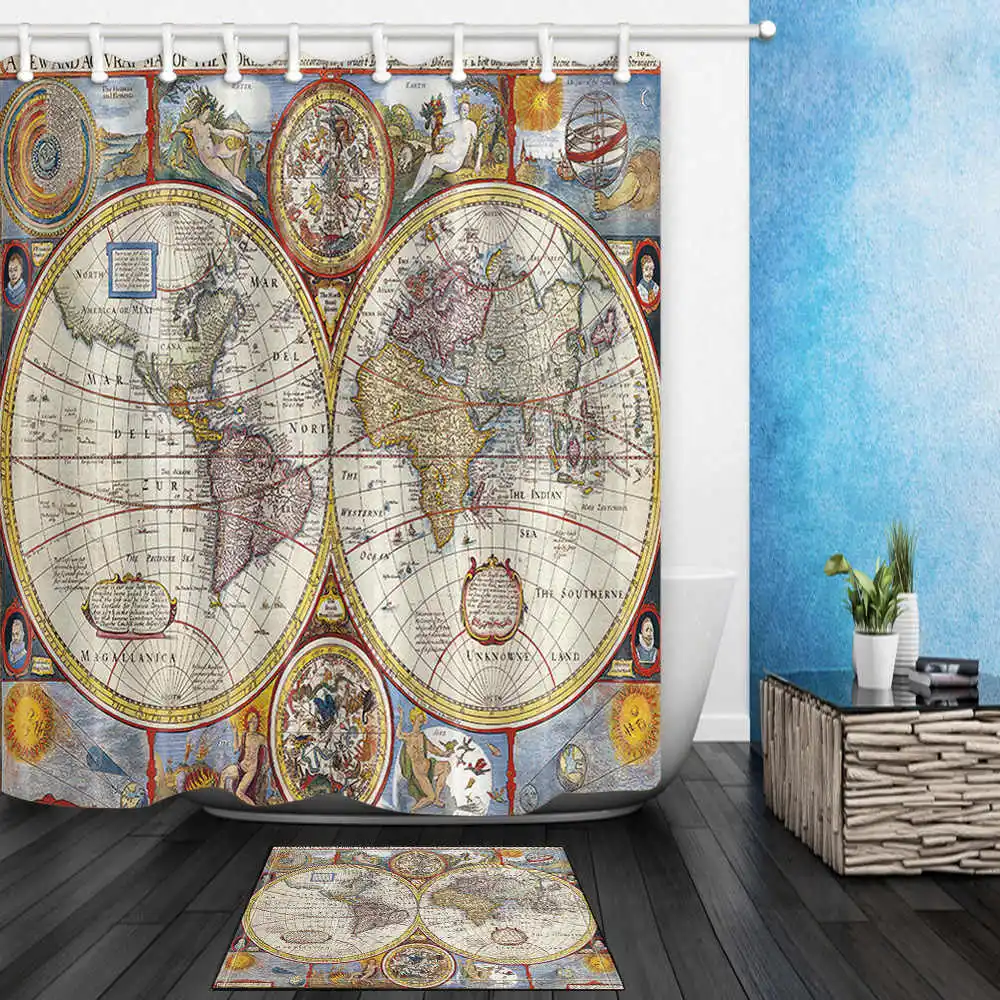 Colorful Old World Map Shower Curtains Primitive Ancient Bathroom