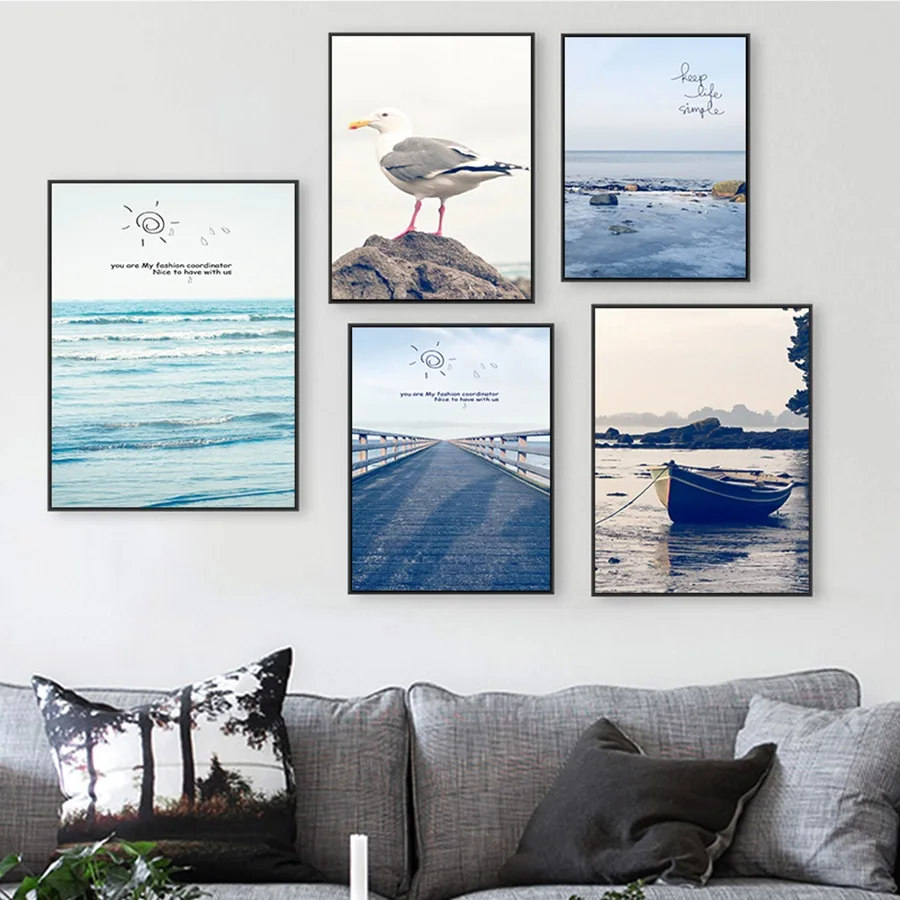 

Nordic Poster Sun Beach Wooden Bridge Boat Seagull Landscape Illustration Canvas Painting Wall Pictures Modern Home Decoration