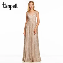 Tanpell V Neck Gilding Evening Dress Pink Sleeveless Backless Floor Length A Line Gown Women Wedding Formal Long Evening Dresses.