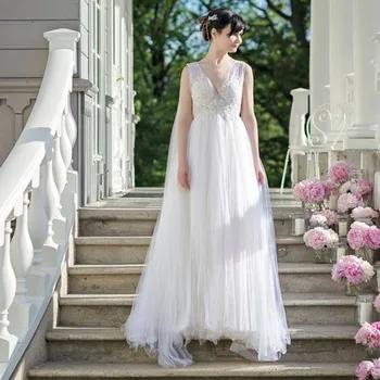 

new Princess Wedding Dresses V Neck A Line Appliques Tulle Long White Ivory Boho Wedding Gown Free Shipping Bride Dress Elegant
