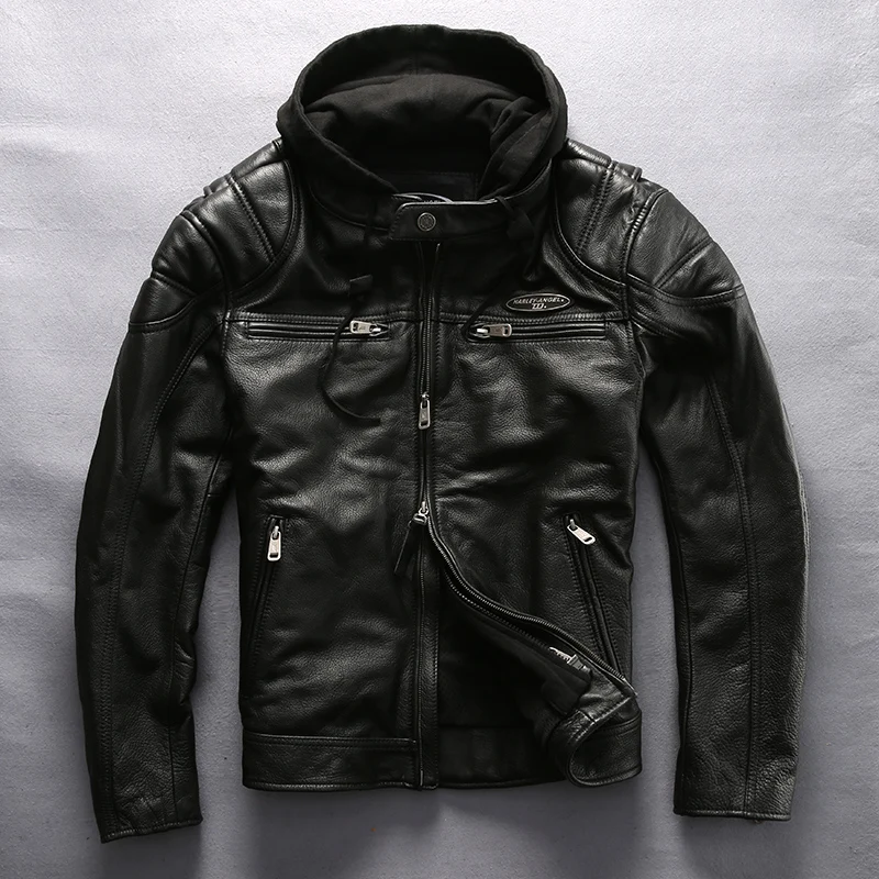 Harley Angel motorcycle leather jacket men hooded