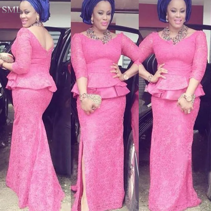 SML Traditional African Evening Dresses Sleeves V Neck Long Lace Women Wear Long Kenya Formal