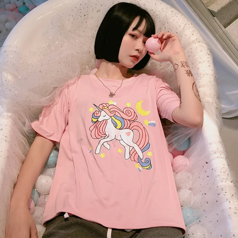 

Summer Korea Large Size Unicorn Short Sleeve Tops Harajuku Cartoon Fashion Women Loose Casual Cute Japanese New funny T-Shirt