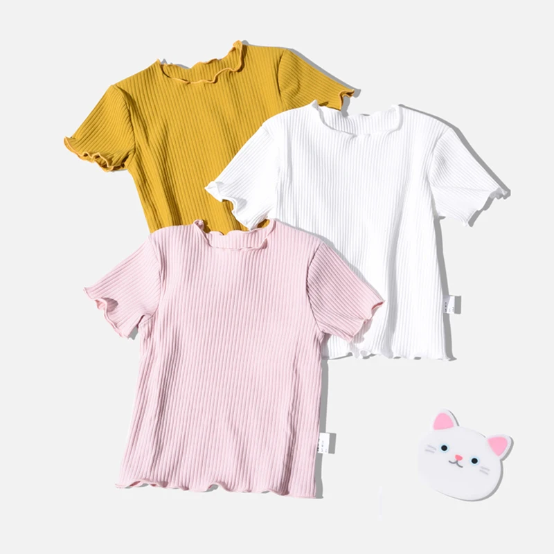 Однотонная Базовая рубашка для маленьких девочек; летние детские топы с короткими рукавами; детская повседневная одежда; полосатая блузка в рубчик; футболки