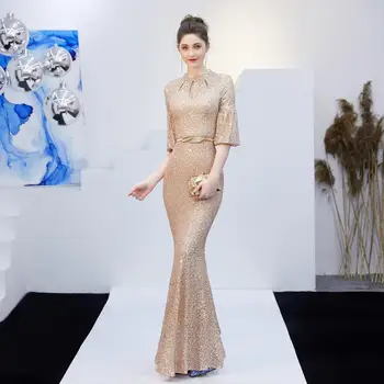 

Formal Evening Dresses 2020 Champagne Mermaid O Neck Half Sleeve Sequined Long Party Gowns Robe Soiree Sexy LF455