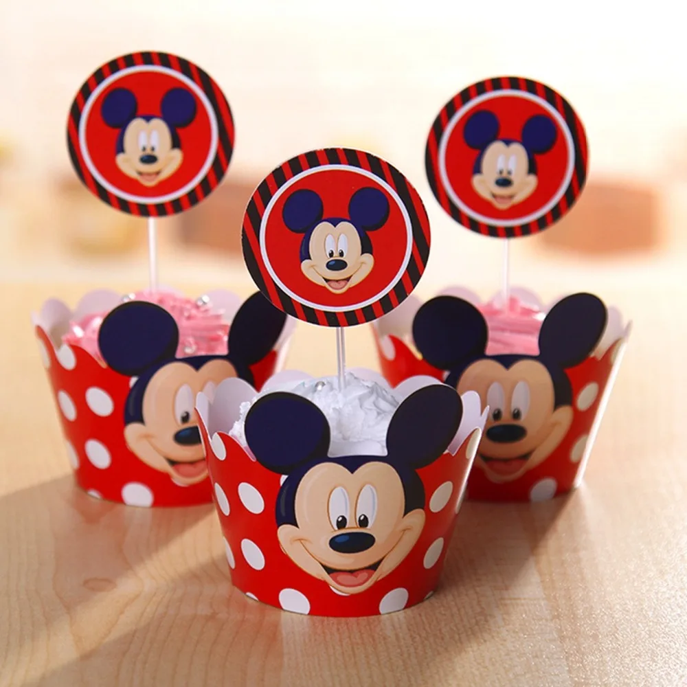 

24pcs Smile Mickey Dot Cupcake Cake Wrappers Toppers Baby Shower Kids Children Birthday Party Decorative Supplies