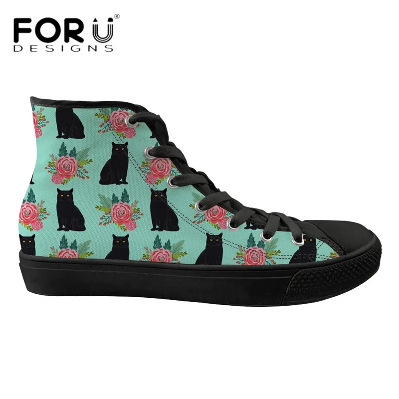 

FORUDESIGNS Stylish Shoes Black Cat Flower Floral Print Sneakers Canvas Women High Top Vulcanize Shoes Female Lightweight Flats